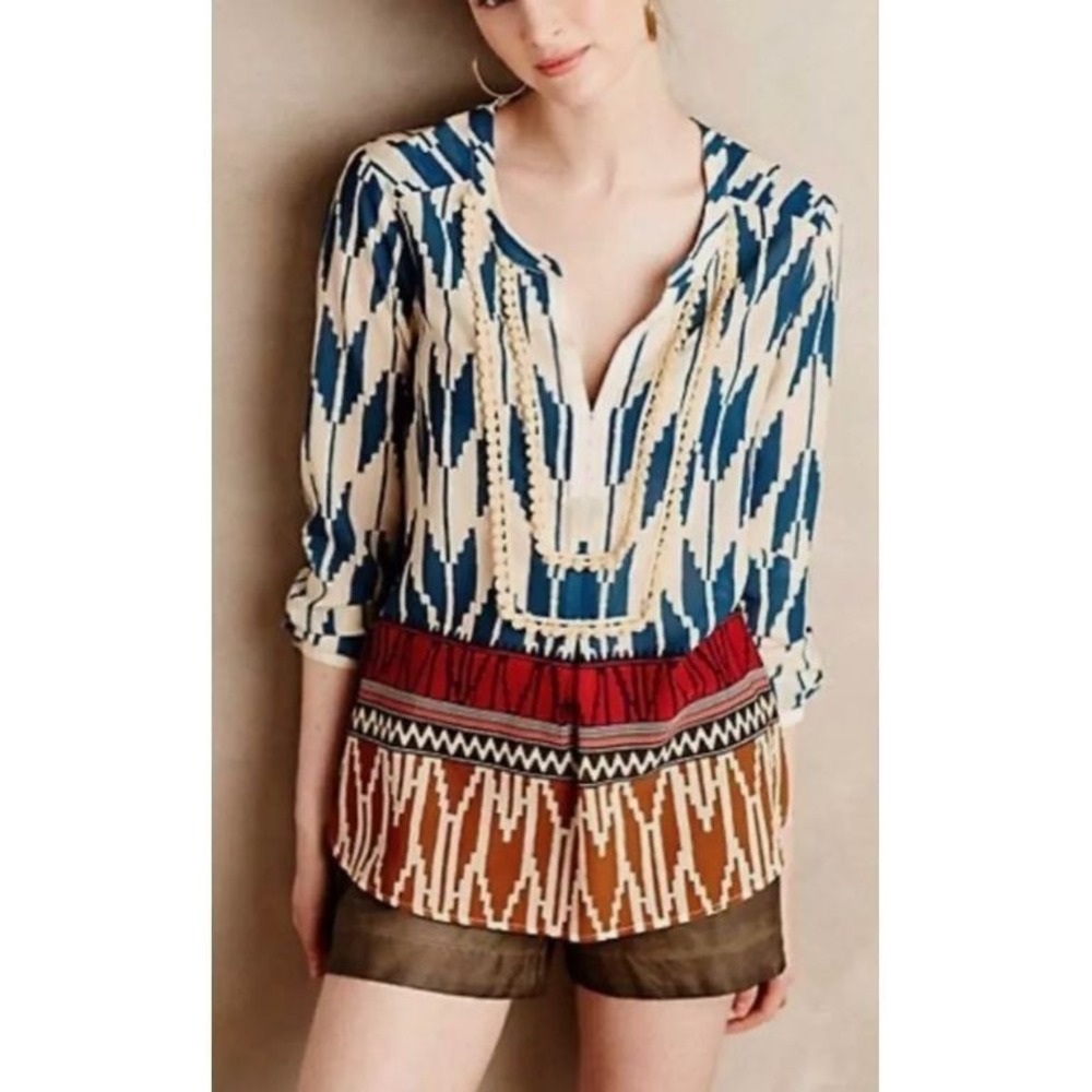 Maeve Anthropologie Rohana Blue Boho Western Semi‎ Sheer Blouse Size 0 / XS